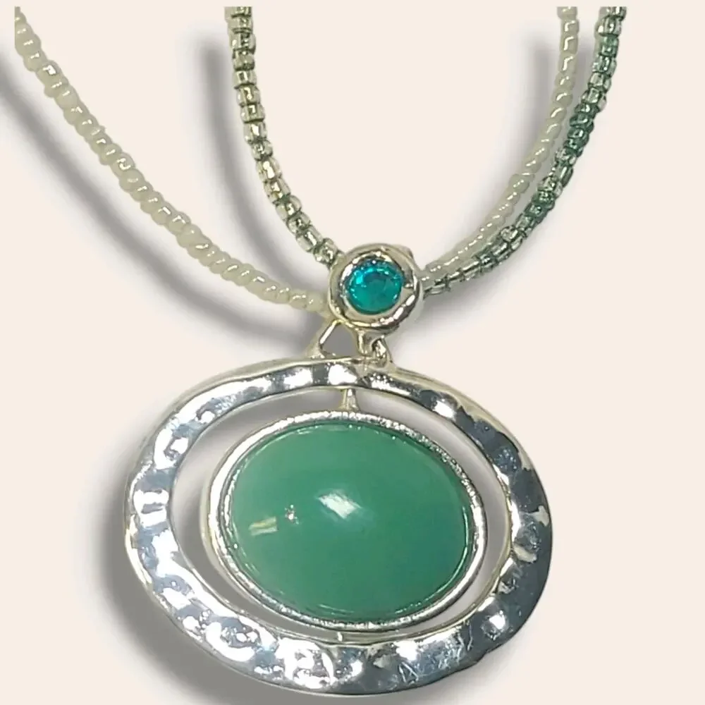 Vintage Orbit Changeable Spinner‎ Pendant Hammered Silver Tone Beaded Necklace